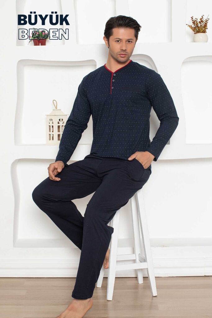 Büyük Beden Erkek Pijama Takımı - Lacivert Mini Puan Desen Penye 1204UYB - 4