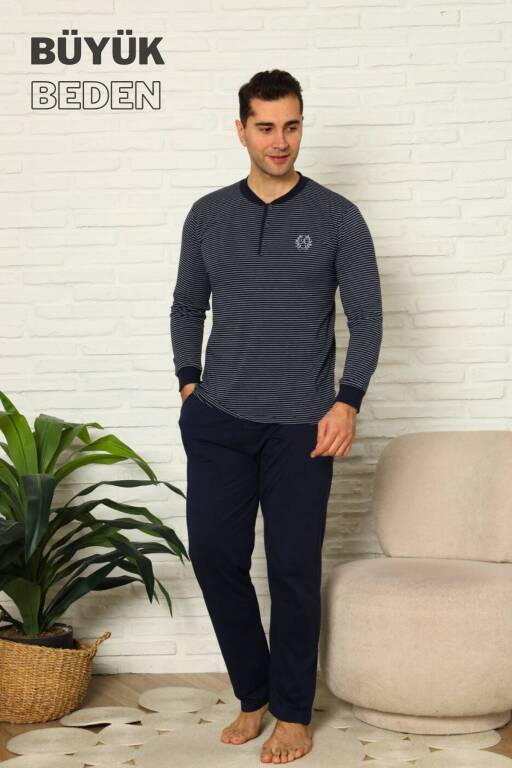 Büyük Beden Erkek Pijama Takımı - Lacivert Uzun Kollu Penye 1219UYB - Alimer