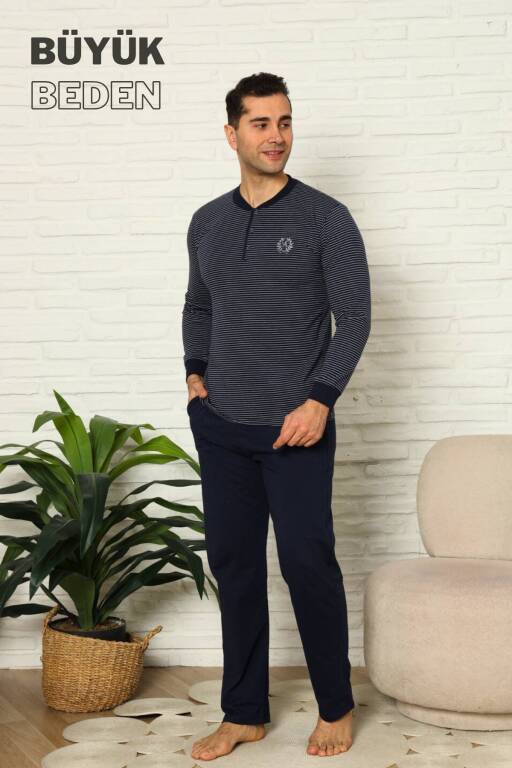Büyük Beden Erkek Pijama Takımı - Lacivert Uzun Kollu Penye 1219UYB - 2