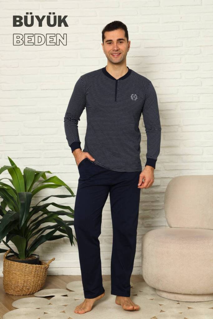 Büyük Beden Erkek Pijama Takımı - Lacivert Uzun Kollu Penye 1219UYB - 3