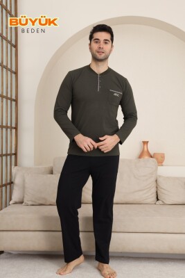 Büyük Beden Erkek Pijama Takımı - Yeşil Arma Nakışlı Likralı Uzun Kollu Penye 1194UKB - 3