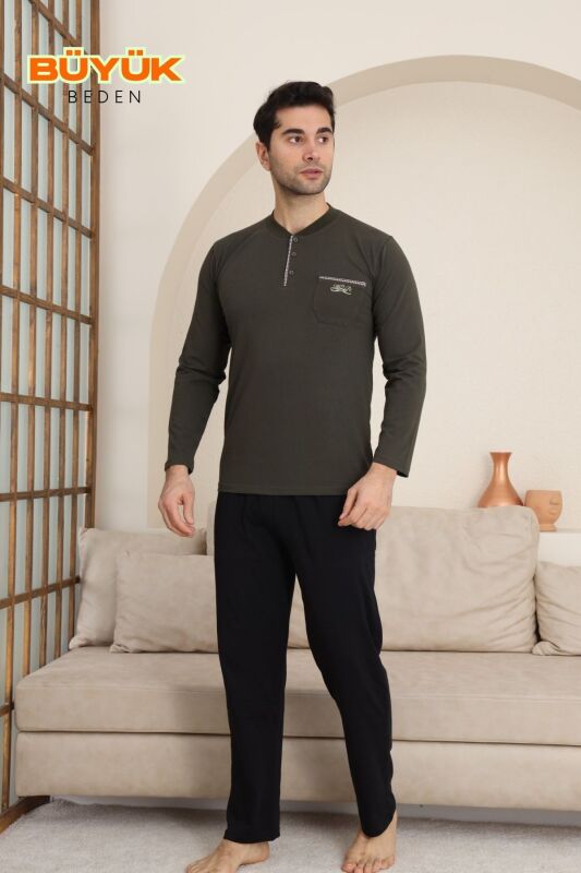 Büyük Beden Erkek Pijama Takımı - Yeşil Arma Nakışlı Likralı Uzun Kollu Penye 1194UKB - 1