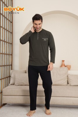 Büyük Beden Erkek Pijama Takımı - Yeşil Arma Nakışlı Likralı Uzun Kollu Penye 1194UKB - 2