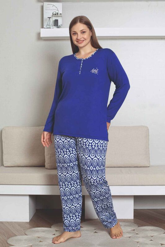 Büyük Beden Etnik Desenli Kadın Pijama Takımı - Saks Mavi Nakışlı Uzun Kollu Likralı Kumaş 2878UYB - 3