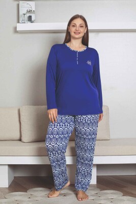 Büyük Beden Etnik Desenli Kadın Pijama Takımı - Saks Mavi Nakışlı Uzun Kollu Likralı Kumaş 2878UYB - 4