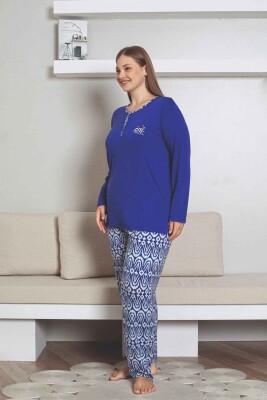 Büyük Beden Etnik Desenli Kadın Pijama Takımı - Saks Mavi Nakışlı Uzun Kollu Likralı Kumaş 2878UYB - 5