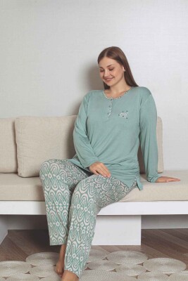 Büyük Beden Etnik Desenli Kadın Pijama Takımı - Yeşil Nakışlı Uzun Kollu Likralı Kumaş 2878UYB - 3