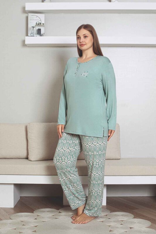 Büyük Beden Etnik Desenli Kadın Pijama Takımı - Yeşil Nakışlı Uzun Kollu Likralı Kumaş 2878UYB - 5