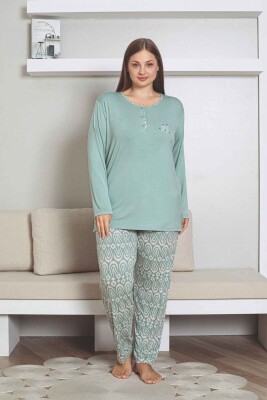 Büyük Beden Etnik Desenli Kadın Pijama Takımı - Yeşil Nakışlı Uzun Kollu Likralı Kumaş 2878UYB - 1