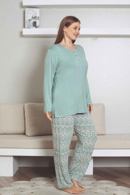 Büyük Beden Etnik Desenli Kadın Pijama Takımı - Yeşil Nakışlı Uzun Kollu Likralı Kumaş 2878UYB - 2