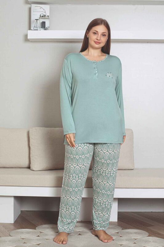 Büyük Beden Etnik Desenli Kadın Pijama Takımı - Yeşil Nakışlı Uzun Kollu Likralı Kumaş 2878UYB - 4
