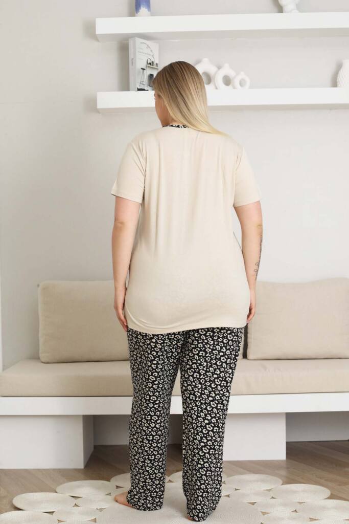 Büyük Beden Kadın Pijama Takımı - Bej Kısa Kol Likralı 2857KYB - 4