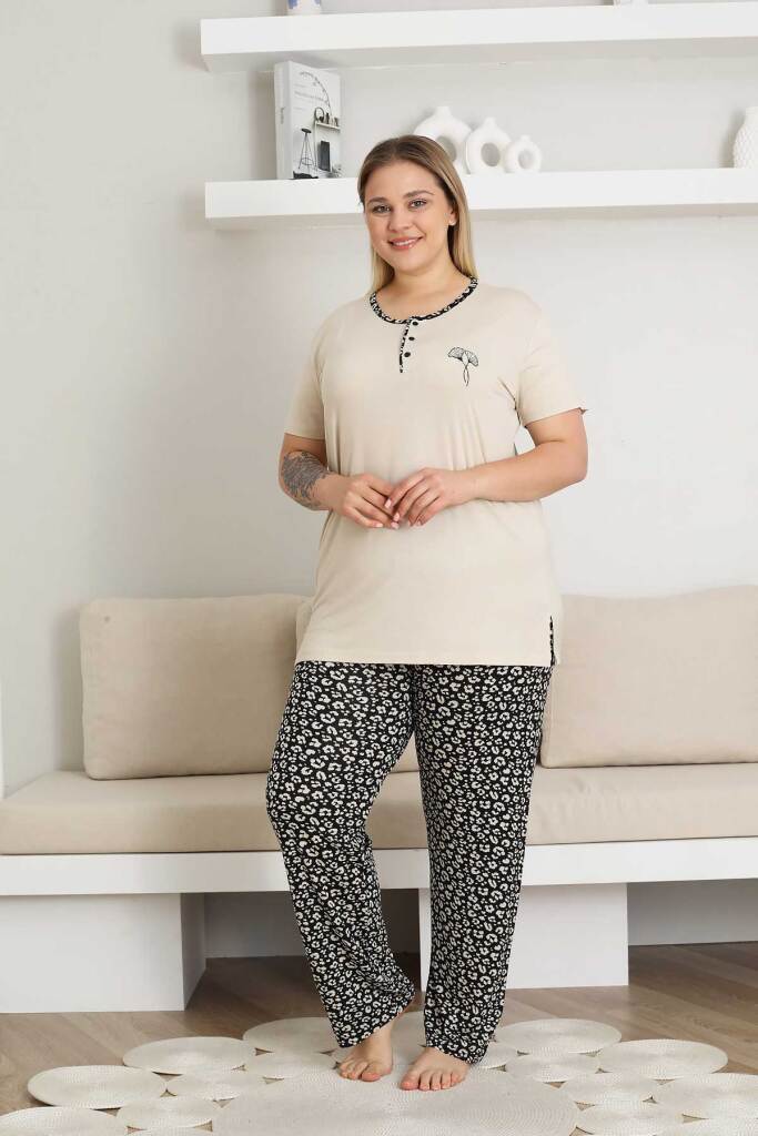 Büyük Beden Kadın Pijama Takımı - Bej Kısa Kol Likralı 2857KYB - 1