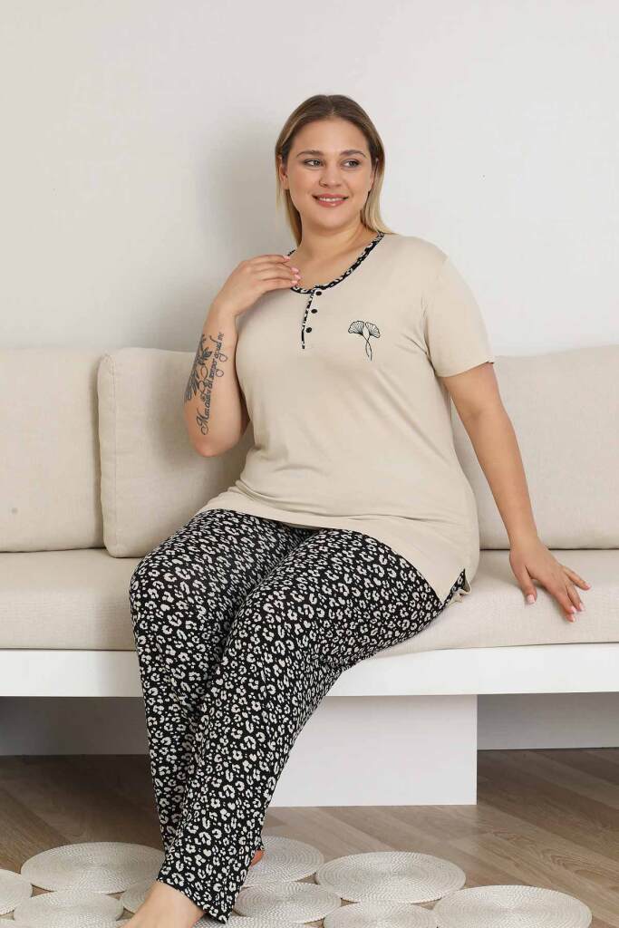 Büyük Beden Kadın Pijama Takımı - Bej Kısa Kol Likralı 2857KYB - 3