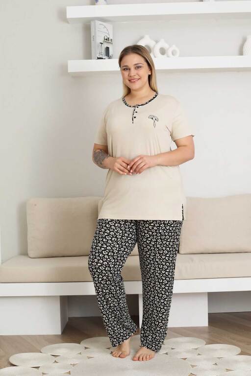 Büyük Beden Kadın Pijama Takımı - Bej Kısa Kol Likralı 2857KYB - Alimer