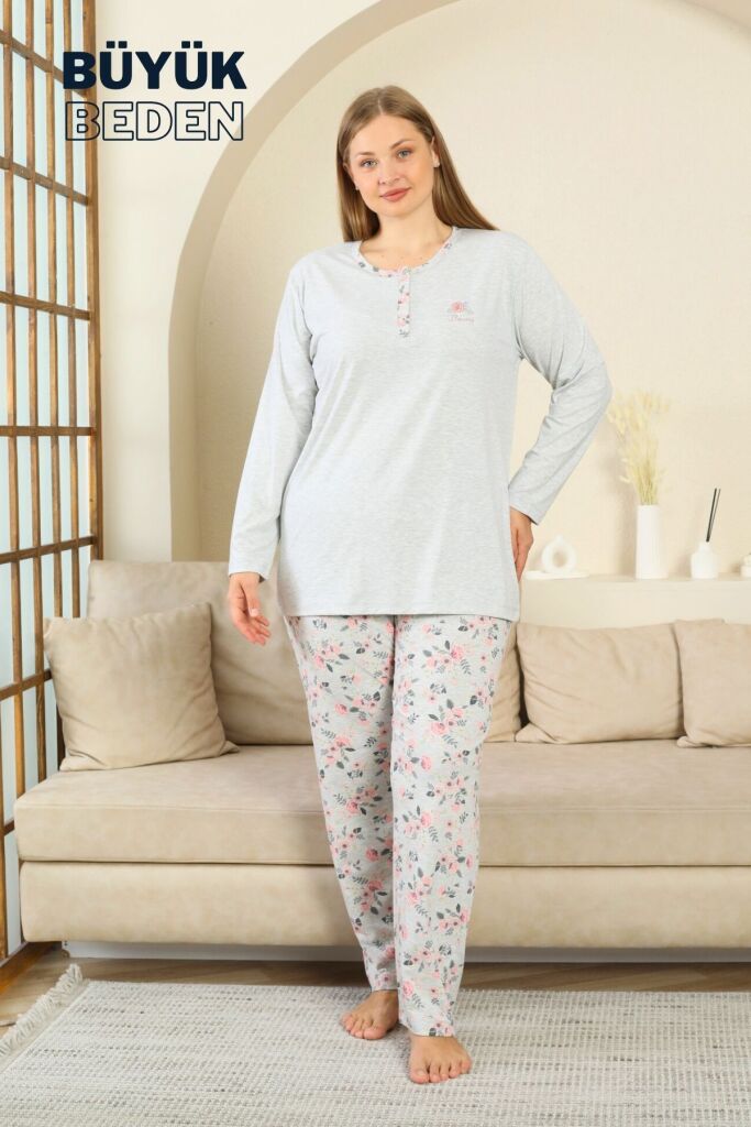 Büyük Beden Kadın Pijama Takımı - Gül Desenli Uzun Kollu Penye 2875UYB - 3