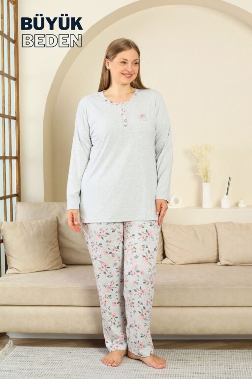 Büyük Beden Kadın Pijama Takımı - Gül Desenli Uzun Kollu Penye 2875UYB - Alimer