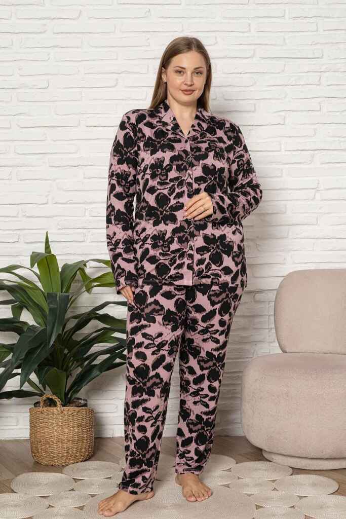 Büyük Beden Kadın Pijama Takımı - Çicek Desen Uzun Kol Likralı Kumaş 2922UYB - 3