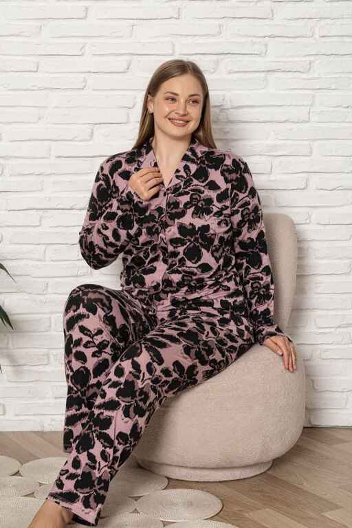 Büyük Beden Kadın Pijama Takımı - Çicek Desen Uzun Kol Likralı Kumaş 2922UYB - Alimer (1)