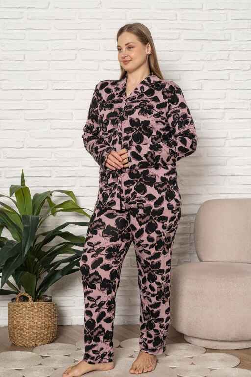 Büyük Beden Kadın Pijama Takımı - Çicek Desen Uzun Kol Likralı Kumaş 2922UYB - Alimer