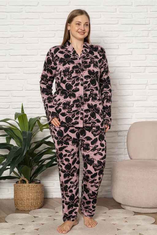 Büyük Beden Kadın Pijama Takımı - Çicek Desen Uzun Kol Likralı Kumaş 2922UYB - 4