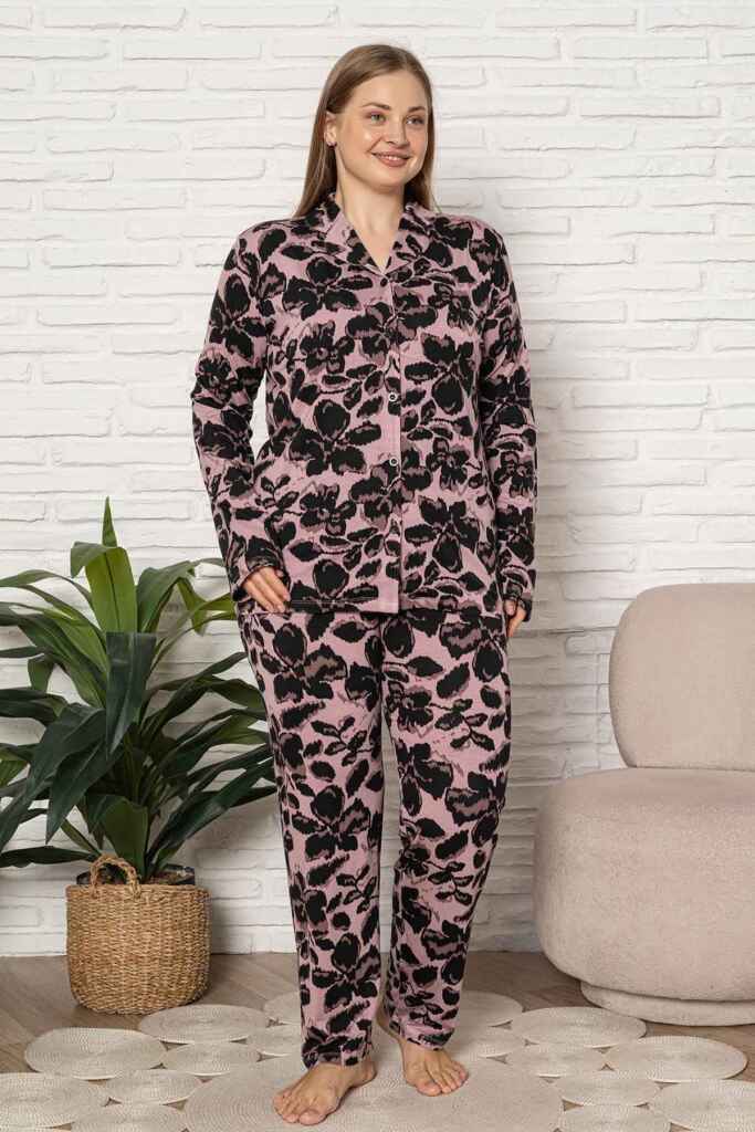 Büyük Beden Kadın Pijama Takımı - Çicek Desen Uzun Kol Likralı Kumaş 2922UYB - 4