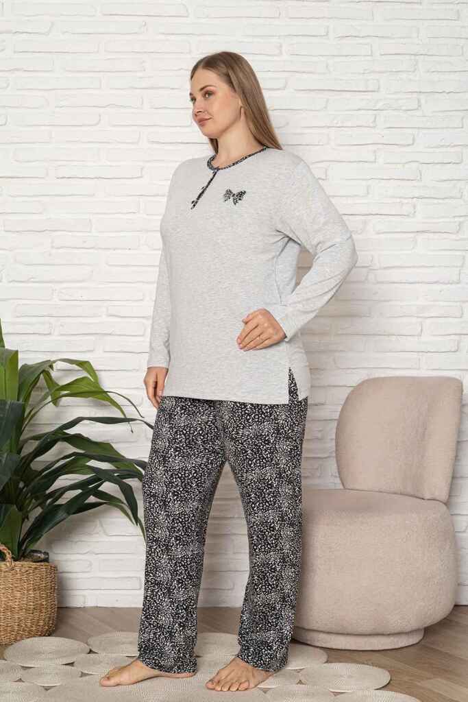 Büyük Beden Kadın Pijama Takımı - Gri Etnik Desen Uzun Kol Likralı Kumaş 2921UYB - 4