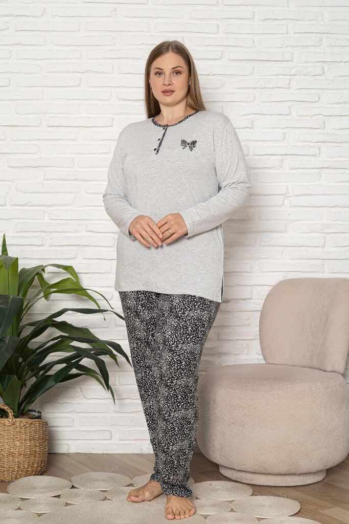 Büyük Beden Kadın Pijama Takımı - Gri Etnik Desen Uzun Kol Likralı Kumaş 2921UYB - 3