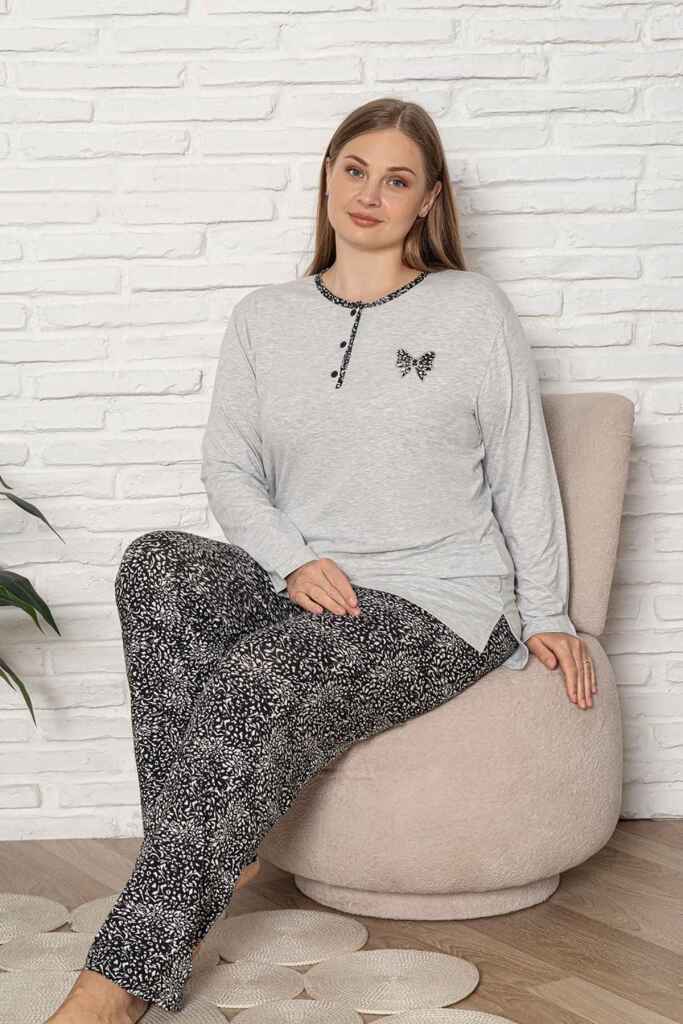 Büyük Beden Kadın Pijama Takımı - Gri Etnik Desen Uzun Kol Likralı Kumaş 2921UYB - 2