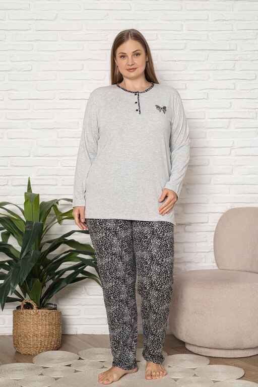 Büyük Beden Kadın Pijama Takımı - Gri Etnik Desen Uzun Kol Likralı Kumaş 2921UYB - Alimer