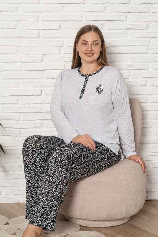 Büyük Beden Kadın Pijama Takımı - Gri Etnik Desen Uzun Kol Likralı Kumaş 2923UYB - Alimer (1)