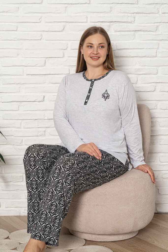 Büyük Beden Kadın Pijama Takımı - Gri Etnik Desen Uzun Kol Likralı Kumaş 2923UYB - 2