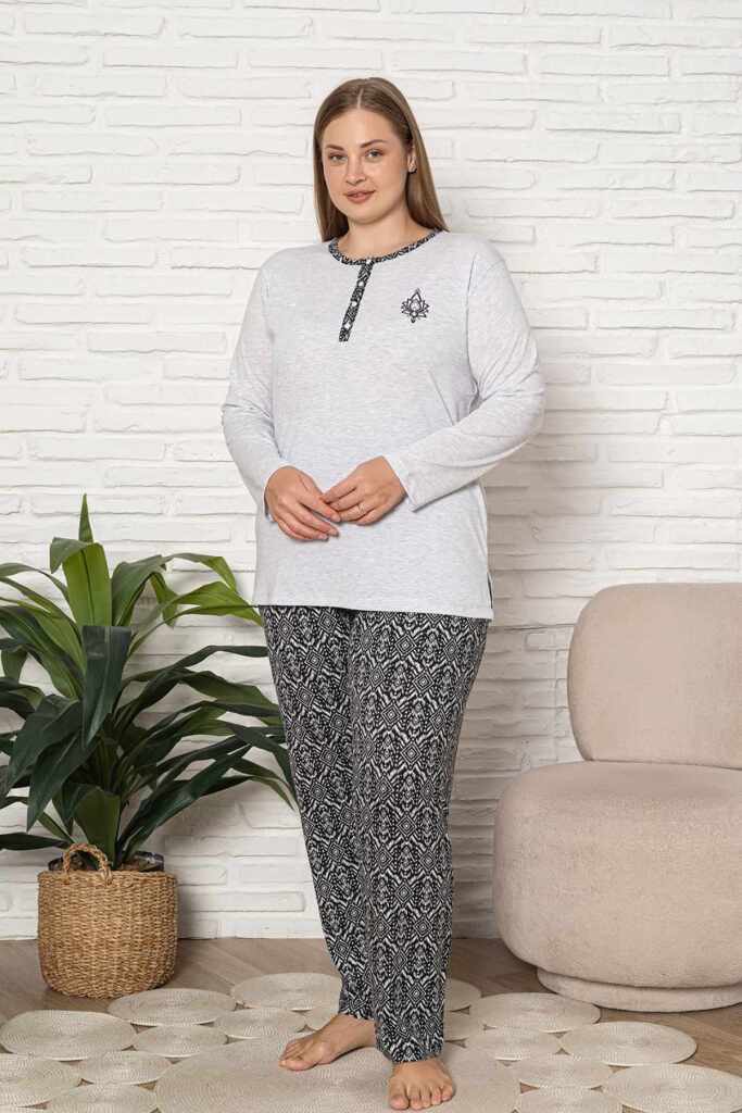 Büyük Beden Kadın Pijama Takımı - Gri Etnik Desen Uzun Kol Likralı Kumaş 2923UYB - 1