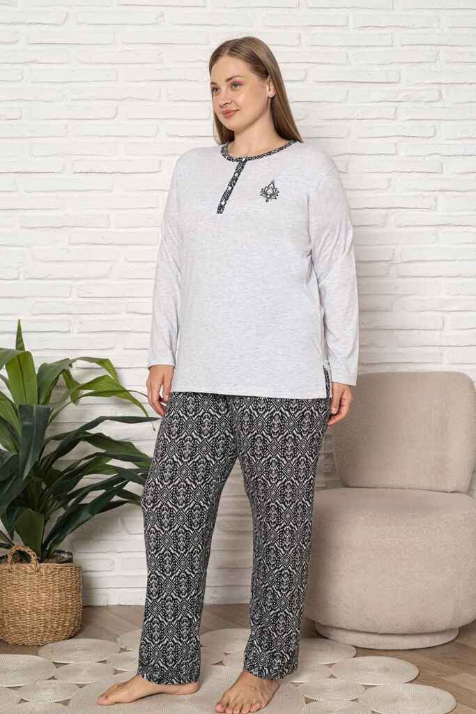 Büyük Beden Kadın Pijama Takımı - Gri Etnik Desen Uzun Kol Likralı Kumaş 2923UYB - 3