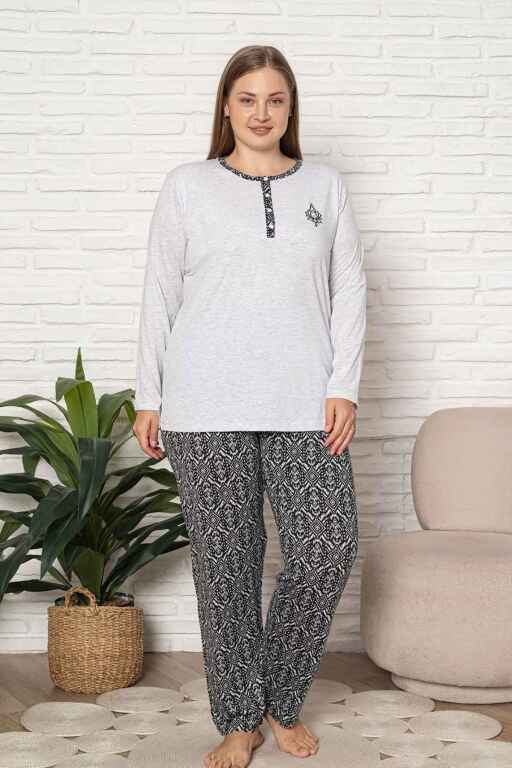 Büyük Beden Kadın Pijama Takımı - Gri Etnik Desen Uzun Kol Likralı Kumaş 2923UYB - 4