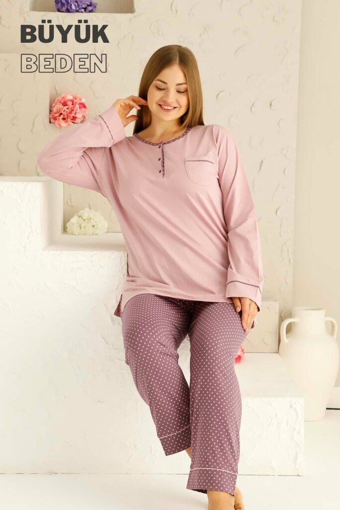 Büyük Beden Kadın Pijama Takımı - Gül kurusu Puantiyeli uzun kollu penye 2672UYB - 2