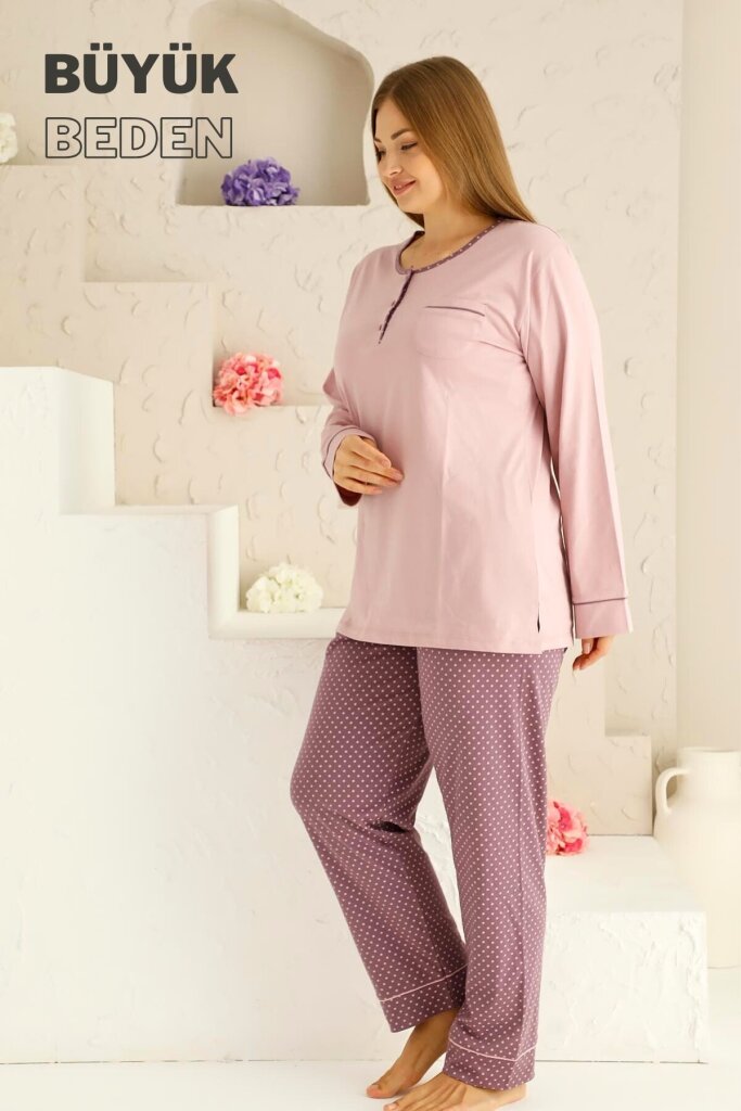 Büyük Beden Kadın Pijama Takımı - Gül kurusu Puantiyeli uzun kollu penye 2672UYB - 3