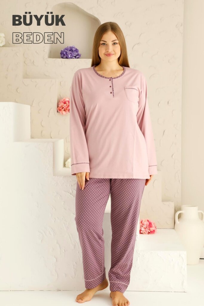 Büyük Beden Kadın Pijama Takımı - Gül kurusu Puantiyeli uzun kollu penye 2672UYB - 4