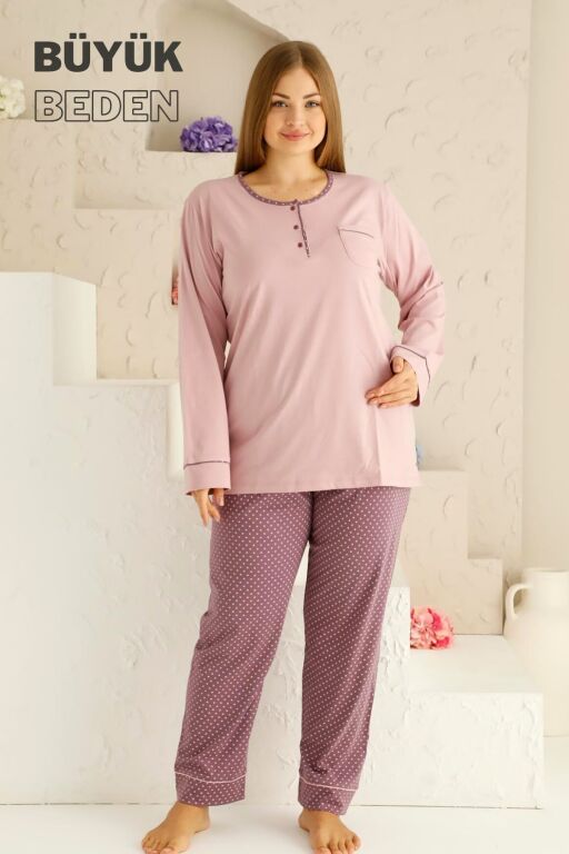 Büyük Beden Kadın Pijama Takımı - Gül kurusu Puantiyeli uzun kollu penye 2672UYB - Alimer