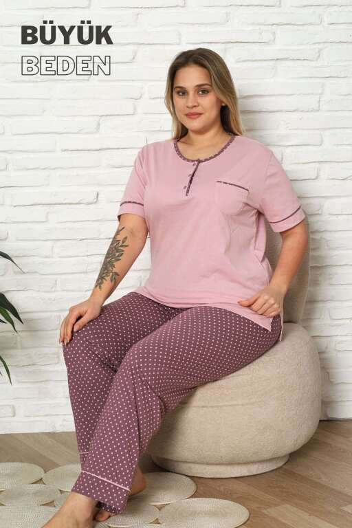 Büyük Beden Kadın Pijama Takımı - Gül kurusu Puantiyeli Kısa kollu penye 2672KYB - 2