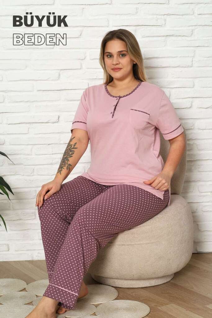 Büyük Beden Kadın Pijama Takımı - Gül kurusu Puantiyeli Kısa kollu penye 2672KYB - 2