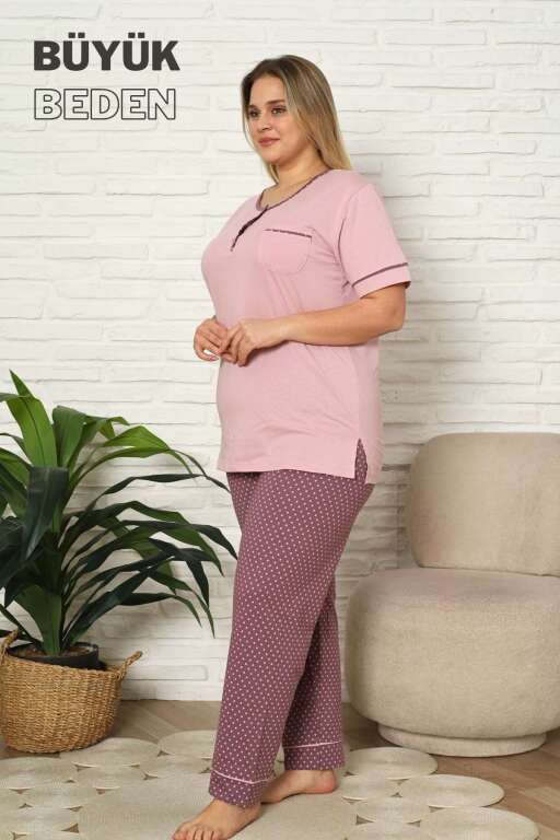 Büyük Beden Kadın Pijama Takımı - Gül kurusu Puantiyeli Kısa kollu penye 2672KYB - 3