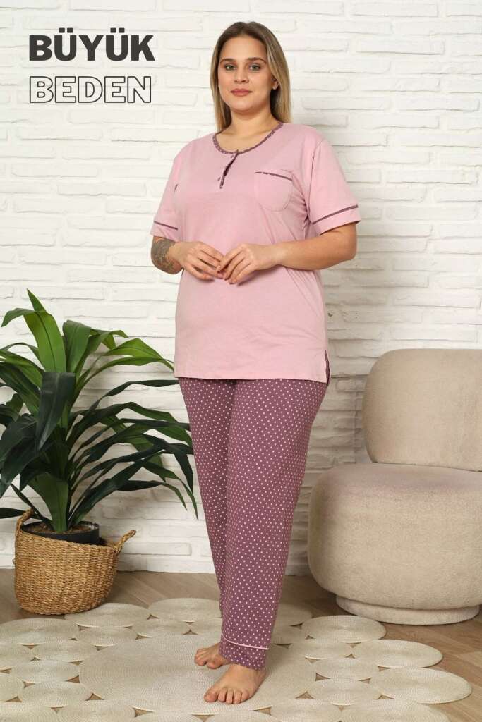 Büyük Beden Kadın Pijama Takımı - Gül kurusu Puantiyeli Kısa kollu penye 2672KYB - 4