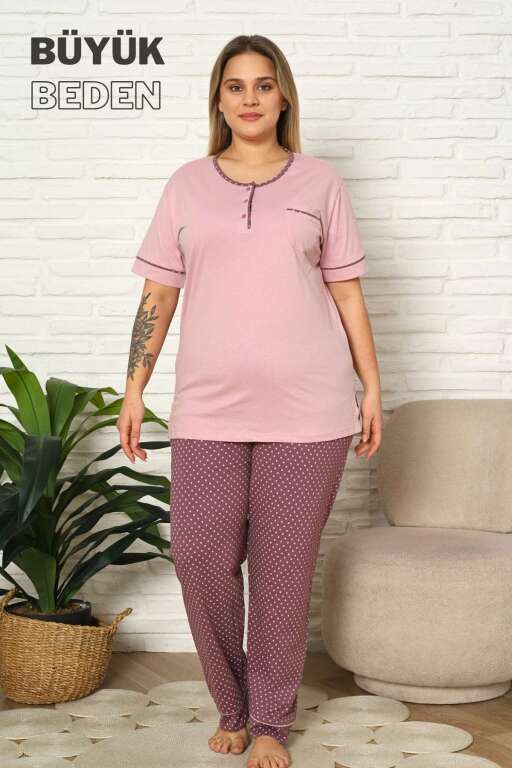 Büyük Beden Kadın Pijama Takımı - Gül kurusu Puantiyeli Kısa kollu penye 2672KYB - Alimer