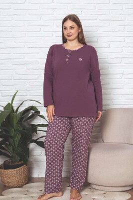 Büyük Beden Kadın Pijama Takımı - Gülkurusu Etnik Desen Uzun Kol Likralı Penye 2890UKBL - Alimer (1)