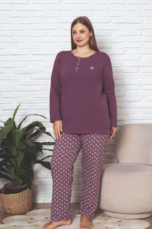 Büyük Beden Kadın Pijama Takımı - Gülkurusu Etnik Desen Uzun Kol Likralı Penye 2890UKBL - 2