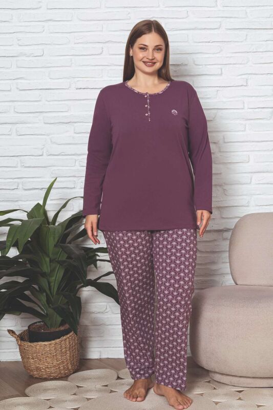 Büyük Beden Kadın Pijama Takımı - Gülkurusu Etnik Desen Uzun Kol Likralı Penye 2890UKBL - 3