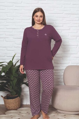 Büyük Beden Kadın Pijama Takımı - Gülkurusu Etnik Desen Uzun Kol Likralı Penye 2890UKBL - 5