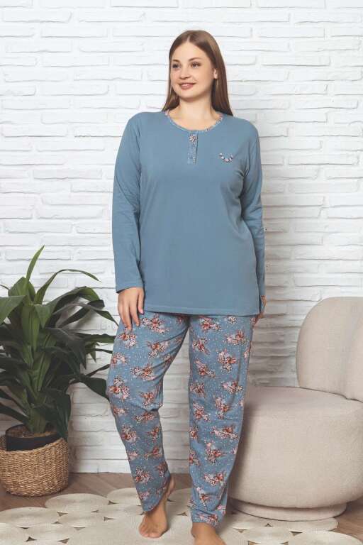 Büyük Beden Kadın Pijama Takımı - İndigo Çiçek Desenli Likralı Pamuk 2892UKBL - 4
