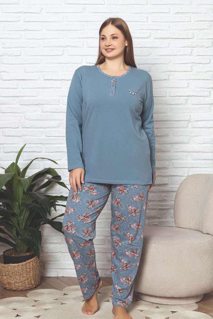 Büyük Beden Kadın Pijama Takımı - İndigo Çiçek Desenli Likralı Pamuk 2892UKBL - 4
